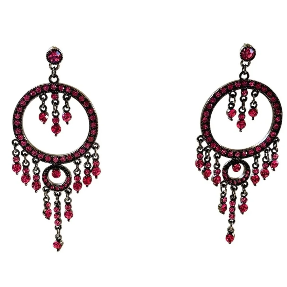 Chandelier Pink Rhinestone Dangle Earrings Y2K Chunky‎ Statement jeweled Pierced